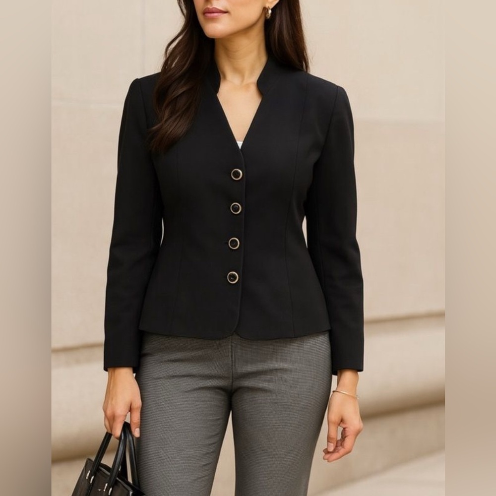 Vintage D&D sz 12P Womens Black Mandarin Collar Button Blazer Career Preppy Chic